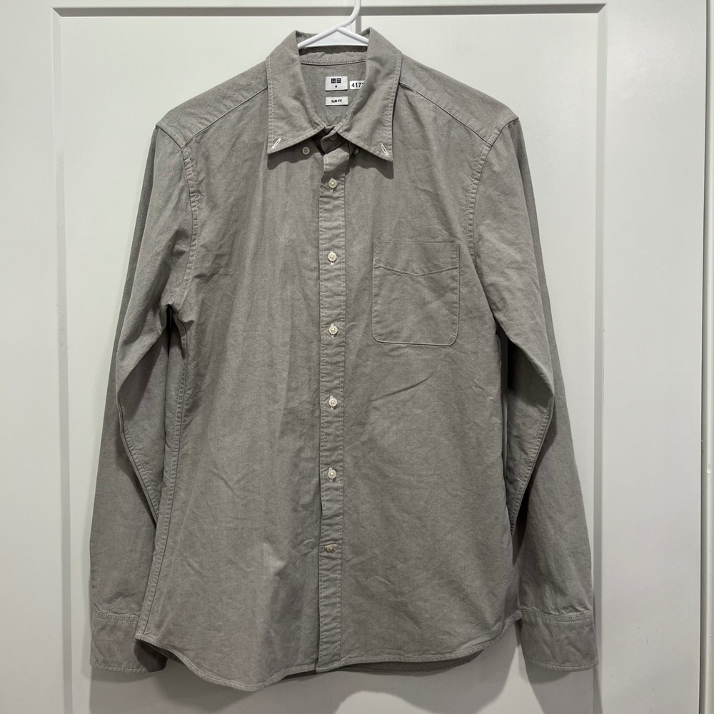 Uniqlo Mens Slim Fit Oxford Button Down Shirt Gray Long Sleeve Size M 4172